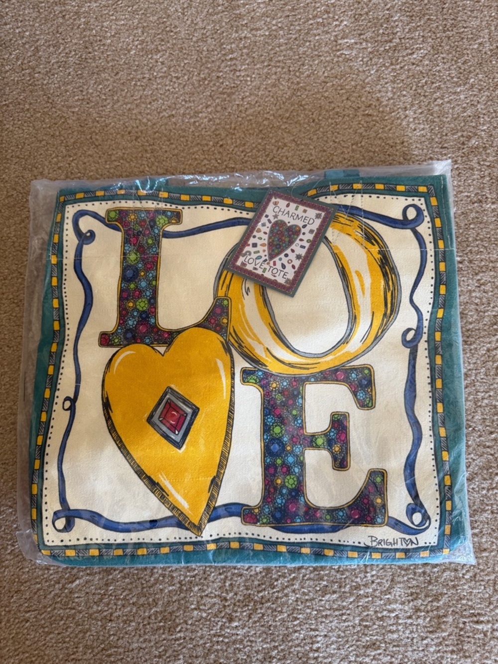 Brighton Multicolor LOVE Tote Panel with Yellow Heart and Teal Border